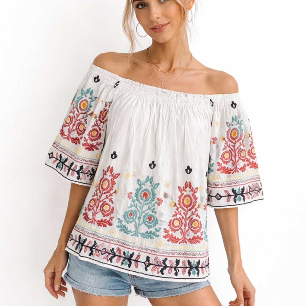 Feratelli Boho Peasant Blouse S White Embroidered 100% Cotton Festival Hippie